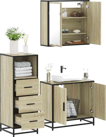 Vidaxl Baderomsskapsett 3 deler sonoma eik konstruert tre 3301006 Vidaxl Baderomsskapsett 3 deler sonoma eik konstruert tre 3301006