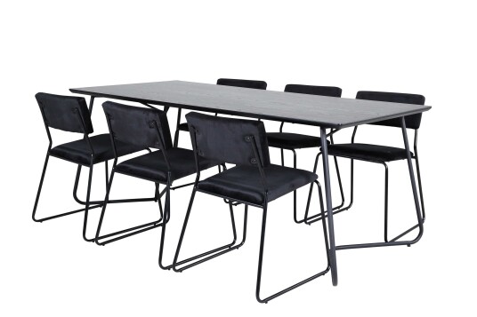 Venture Design Petra & Kenth spisegruppe Svart/svart 6 stoler & bord 190 x 90 cm