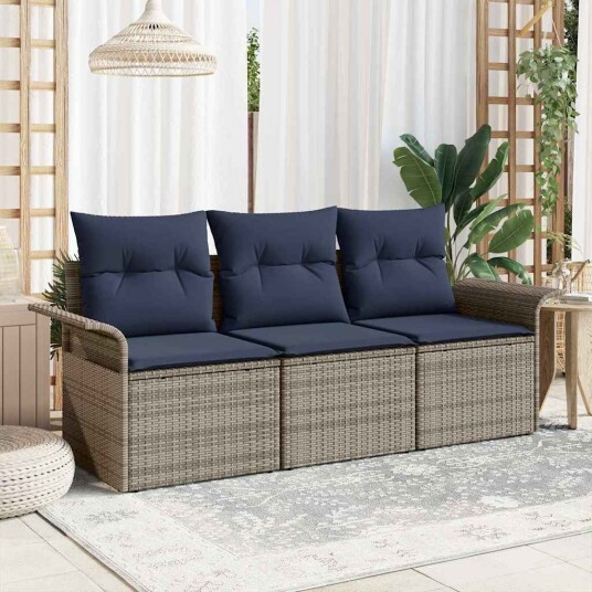 vidaXL Sofa sett med pute 3 pcs Grå og marineblå polyrotting