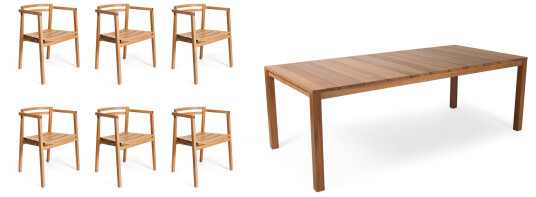 Skargaarden Oxnö spisegruppe Teak 6 lenestoler & bord 220x100 cm