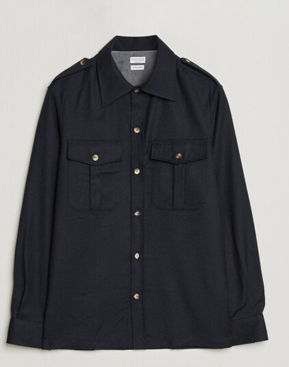 Brunello Cucinelli Flannel Double Pocket Overshirt Navy
