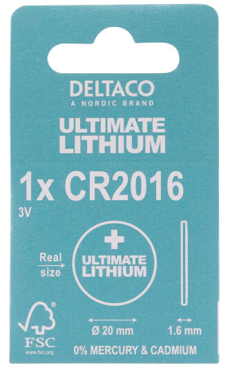 Deltaco CR2016 3V Lithium Knappcellebatteri, 1-pk Deltaco CR2016 3V Lithium Knappcellebatteri, 1-pk