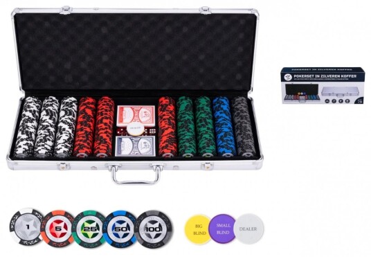 Quint Pokersett i Koffert - 500 Brikker, 2xKortspill, 3xDealermarkÃ¸rer, 5xTerninger