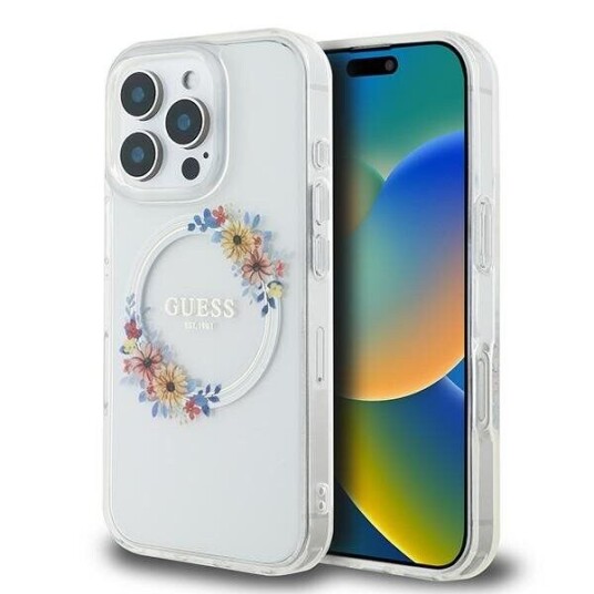 Guess Mobildeksel til iPhone 16 Pro med MagSafe - IML Flowers Wreath Gjennomsiktig