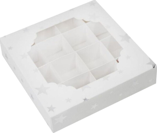 Konfekteske M/vindu Sølvstjerner 15x15x3,5cm Pk/10 | Slikkepott.No