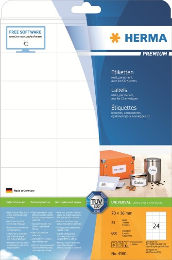 Herma Premium - Papir - Matt - Permanent Selv-Adhesiv - Hvit - 70 X 36 Mm 600 Etikett(Er) (25 Ark X 24) Laminerte Etiketter