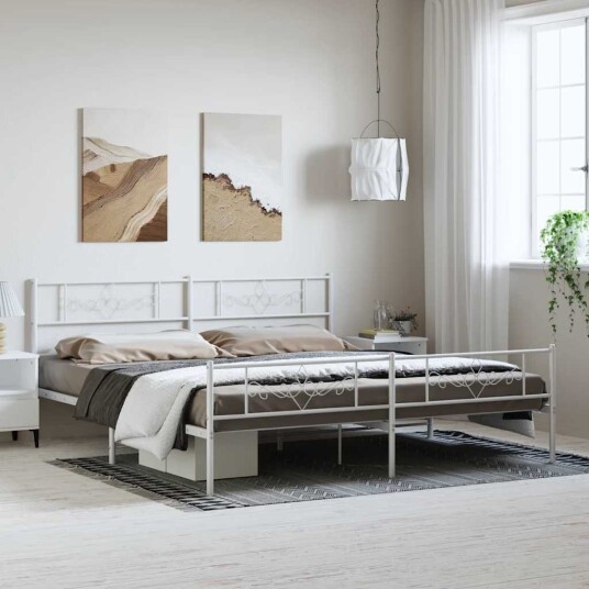 Sengeramme i metall med hode og fotgavl hvit 193x203 cm