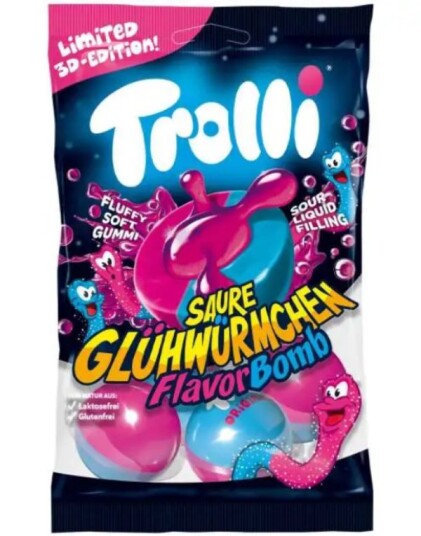 Trolli Flavour Bomb Sour Glowworm   Gelegodteri med Sur Vingummi 75 gram