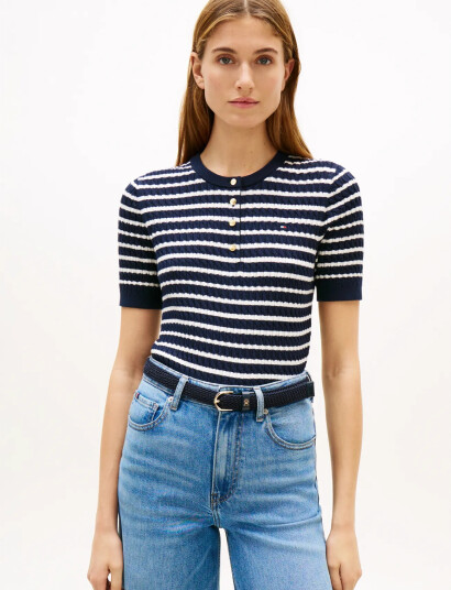 Tommy Hilfiger Co Cable Fine Gg Ss Henley   Navy   L