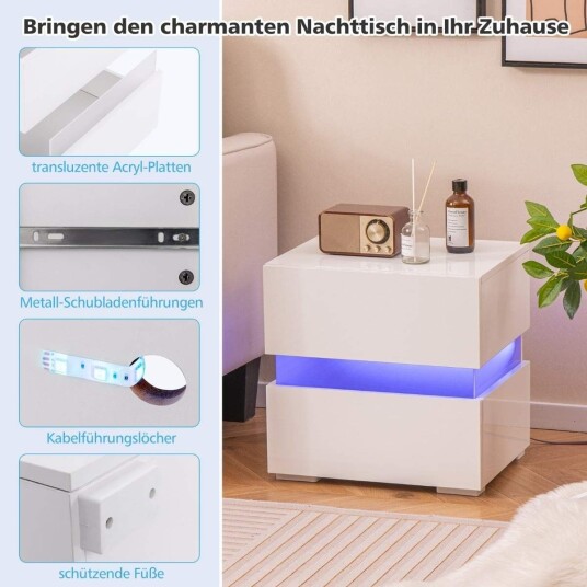 LED nattbordsett med skuffer – moderne hvitt design