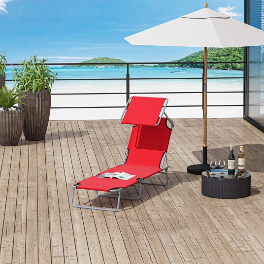 Solseng hageseng sammenleggbar med solbeskyttelse velvære solseng strandseng i rød 187 x 58 x 36 cm for avslappende timer utend