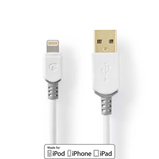 Nedis Lightning Kabel | USB 2.0 | Apple Lightning 8-Pinners | USB-A Han | 480 Mbps | Gull belagt | 3.00 m | Rund | PVC | Grå / Hvit | Boks Nedis Lightning Kabel | USB 2.0 | Apple Lightning 8-Pinners | USB-A Han | 480 Mbps | Gull belagt | 3.00 m | Rund | PVC | Grå / Hvit | Boks