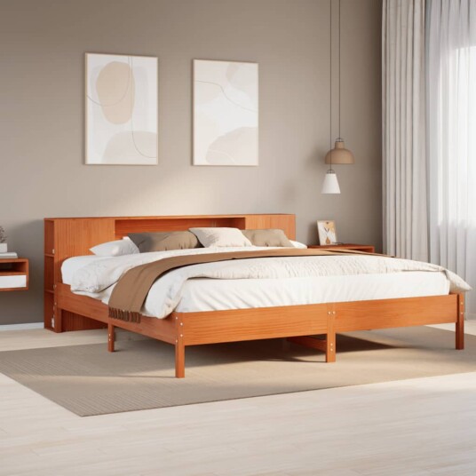  Seng med bokhylle uten madrass voksbrun 200x200 cm heltre furu 8721158616081