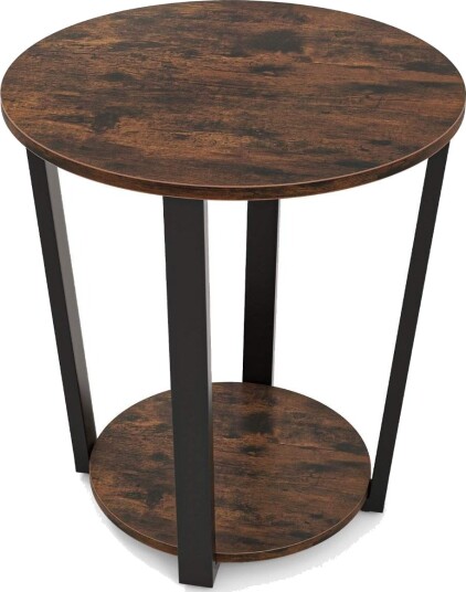 Rundt sidebord med åpen hylle & Metallramme 2 lags Accent Bord Sofa Bord Rustikk Brun