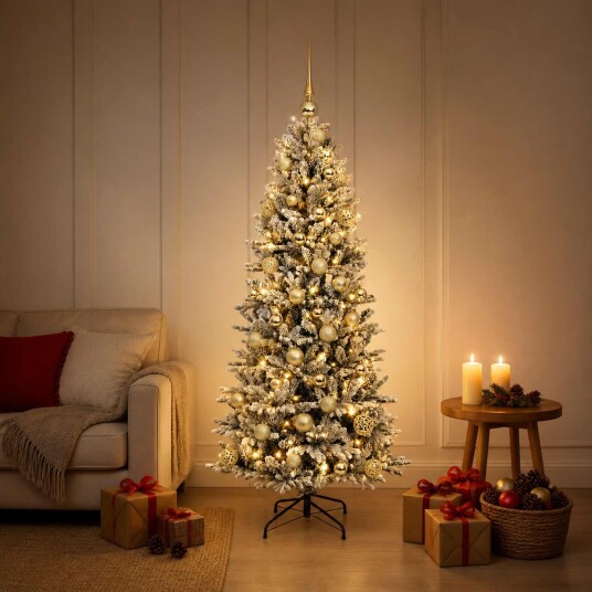 vidaXL Kunstig juletre med julekuler 150 cm 150 LED-lys Varmhvit