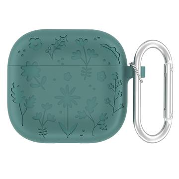 AirPods 4 Etui i flytende silikon med karabinkrok og blomstermønster mørkegrønn
