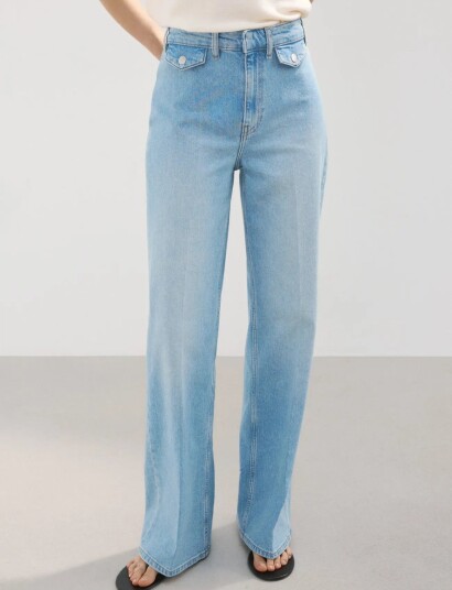 Mango Wide Leg Mid Rise Jeans With Pockets   Blue   38