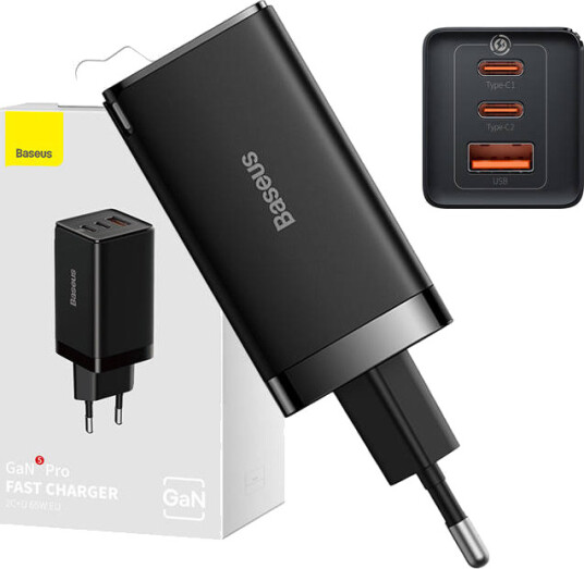Baseus GaN5 Pro 65W USB-C Hurtiglader med 2xUSB-C og 1xUSB-A - Svart Baseus GaN5 Pro 65W USB-C Hurtiglader med 2xUSB-C og 1xUSB-A - Svart