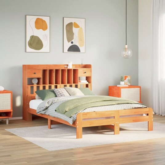  Seng med bokhylle uten madrass voksbrun 150x200 cm heltre furu 8721158383204