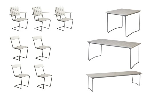 Grythyttan Stålmöbler B31 spisegruppe Hvitlakkert ek/galvanisert stål 3 lenestoler, 4 stoler, benk 170 cm, bord 84 x 92 cm & bord 170 x 92 cm