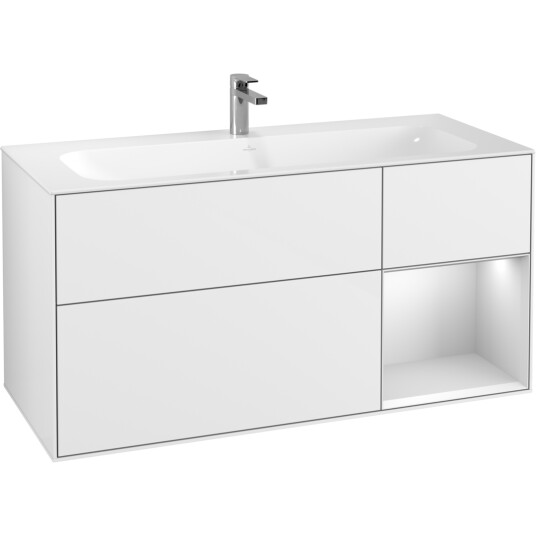 VILLEROY & BOCH FINION SERVANTSKAP 120 HVIT HØYGLANS LAKK M/LYS, HØYRESTILT HVITMATT HYLLE VILLEROY & BOCH FINION SERVANTSKAP 120 HVIT HØYGLANS LAKK M/LYS, HØYRESTILT HVITMATT HYLLE