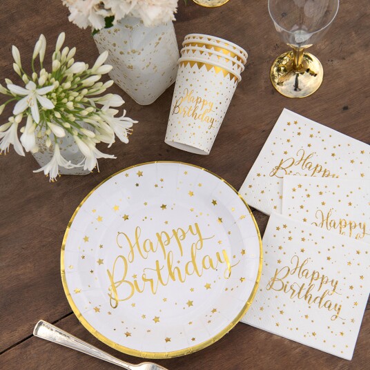 Servietter Happy Birthday Gull/ Hvit Servietter Happy Birthday Gull/ Hvit