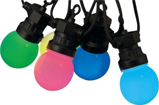 V Tac 7m LED lyskjede med 15 RGB pærer 0.5W/pære styres via medfølgende fjernkontroll Kulør : RGB