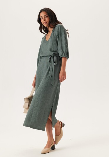 Happy Holly Structured Puff Sleeve Midi Dress