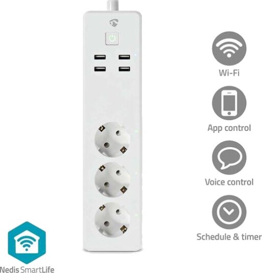 Nedis SmartLife Strømstripe med Wi-Fi, 3x Jordet, 4x USB, 3680W, 1.8m, Hvit Nedis SmartLife Strømstripe med Wi-Fi, 3x Jordet, 4x USB, 3680W, 1.8m, Hvit