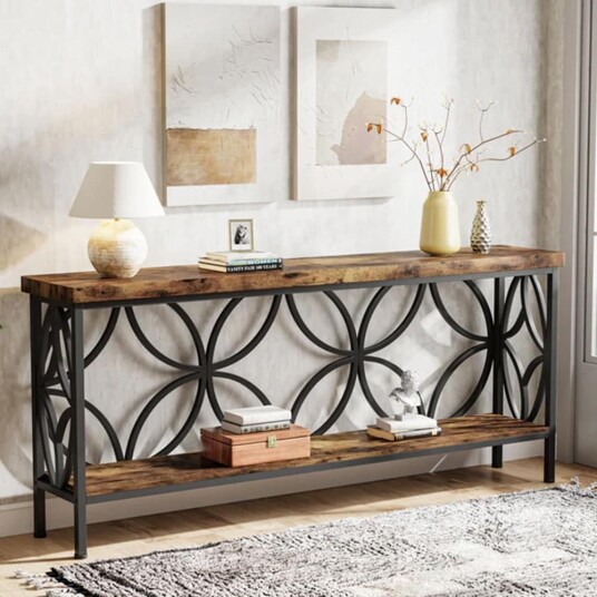 Konsollbord 160×30×80 cm / smalt avlastningsbord med 2 nivåer / entrébord i tre og metall