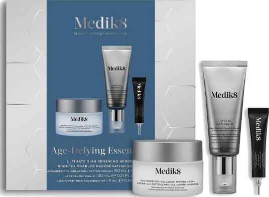 Medik8 Age-Defying Essentials: Advanced Pro-Collagen+ Peptide Cream Crystal Retinal 6 Liquid Peptides CLEAR 390 G