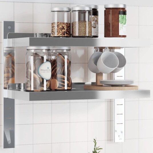 Vegghylle 2 etasjer 50x23,5x60 cm sølv rustfritt stål Vegghylle 2 etasjer 50x23,5x60 cm sølv rustfritt stål
