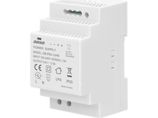 Orno Strømforsyning For Din-Skinne 24Vdc, 2,5A, 60W, 3 Moduler Bred Orno Strømforsyning For Din-Skinne 24Vdc, 2,5A, 60W, 3 Moduler Bred