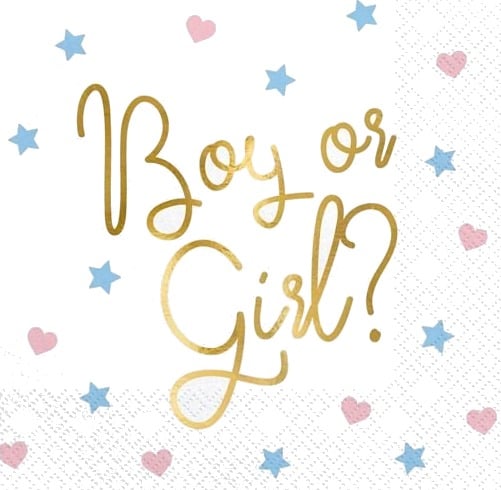 20 stk Gender Reveal Servietter med Gullfoliert Boy or Girl? Tekst 33x33 cm