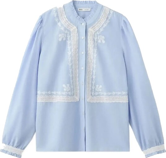 Mango Embroidered Cotton Shirt With Gathered Details Blue M Mango Embroidered Cotton Shirt With Gathered Details Blue M