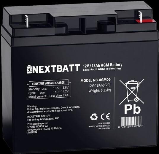 NEXTBATT AGM-batteri 12v 18ah – 182x77x168 mm