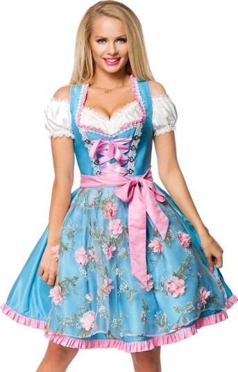 Lys Blå Dirndl Oktoberfestkjole i Luksuskvalitet med Utformet Blomster på Forkle Strl S
