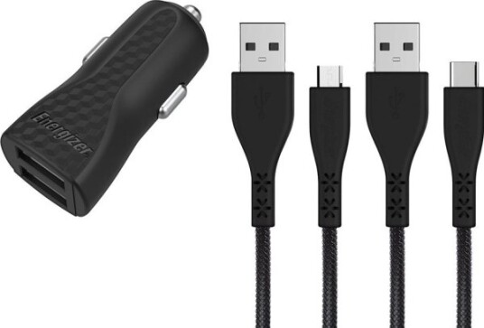 Energizer Hardcase - 2X Usb-A 2,4A Billader + Usb-C Og Mikro-Usb-Kabel (Svart)