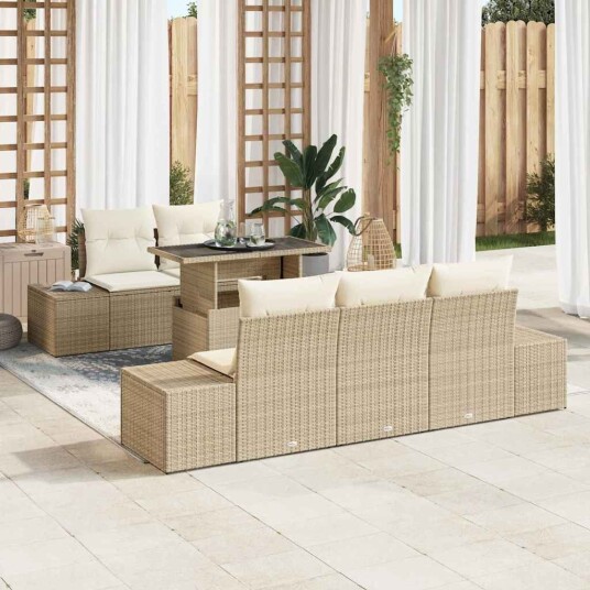 6-delt hagesofa-sett med puter i beige poly-rattan