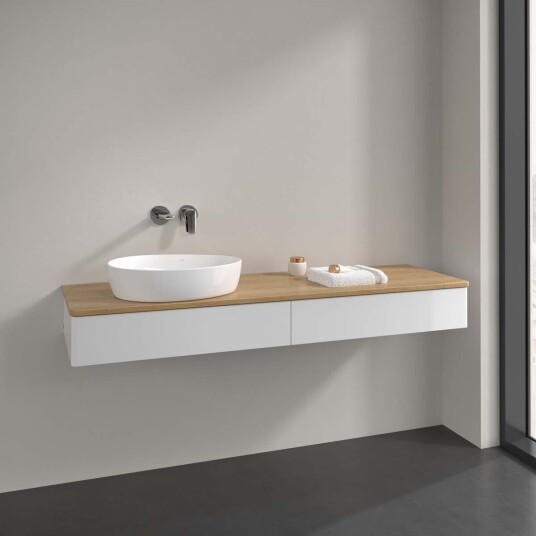 Villeroy & Boch Antao Servantskap med 2 skuffer 160x50x19 cm u/lys Hvit Blank/Eik Villeroy & Boch Antao Servantskap med 2 skuffer 160x50x19 cm u/lys Hvit Blank/Eik