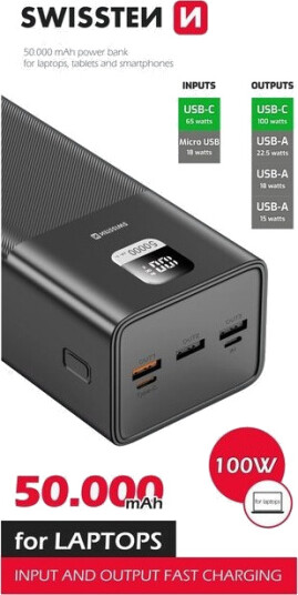 Swissten Powerbank 50000 mAh Lithium Polymer USB-C og USB-A Svart