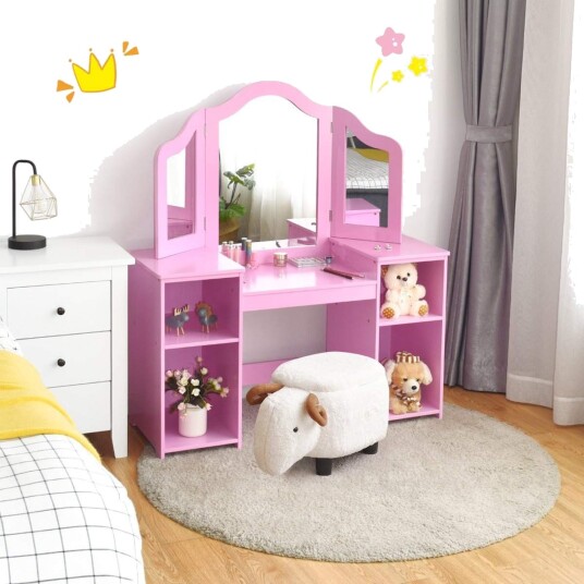 2 i 1 toalettbord med avtagbart speil og åpne trerom for barn fra 3 år rosa