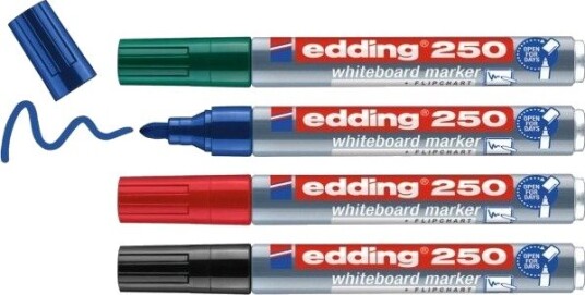 Edding 250 Whiteboard, 4 Stykker, Sort, Blå, Grønn, Rød, Projektil Spiss, Aluminium, Rund, 1,5 Mm