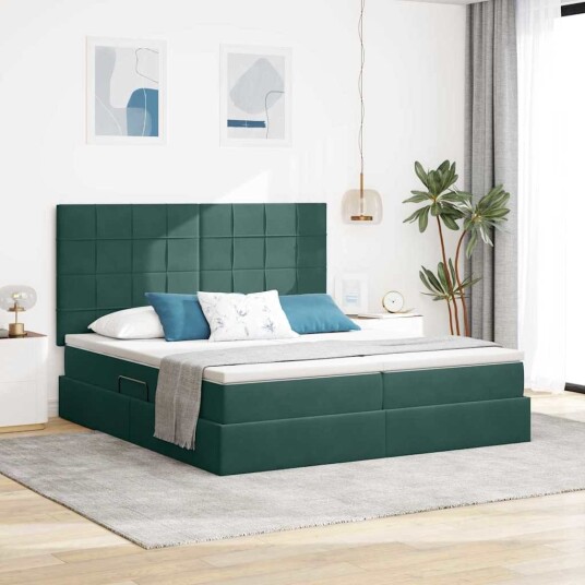 LED lagringseng med madrass Mørkegrønn 200 x 200 cm Fløyel LED lagringseng med madrass Mørkegrønn 200 x 200 cm Fløyel