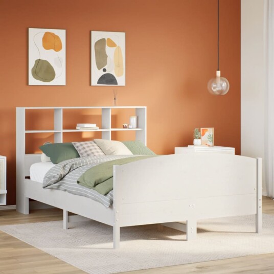  Seng med bokhylle uten madrass hvit 160x200 cm heltre furu 8721158618863