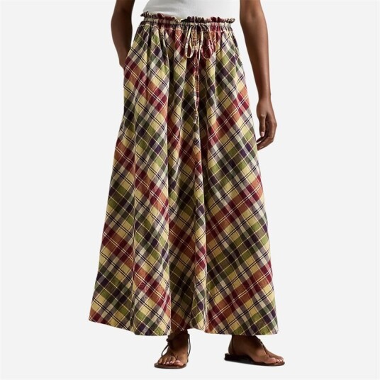 Ralph Lauren Plaid Cotton Drawstring Maxiskirt Red/Yellow/Green Multi