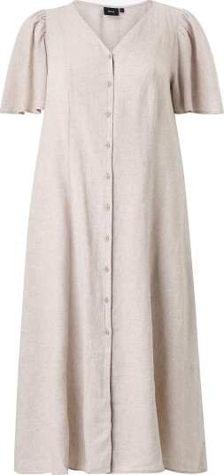Zizzi Kjole i lin vLina S/S Midi Shape Brun