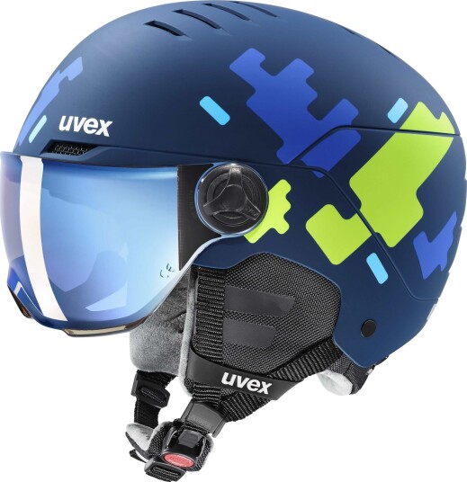 Uvex Rocket JR Visor, Skihjelm med Visir, Junior, Blue Puzzle 51-55cm