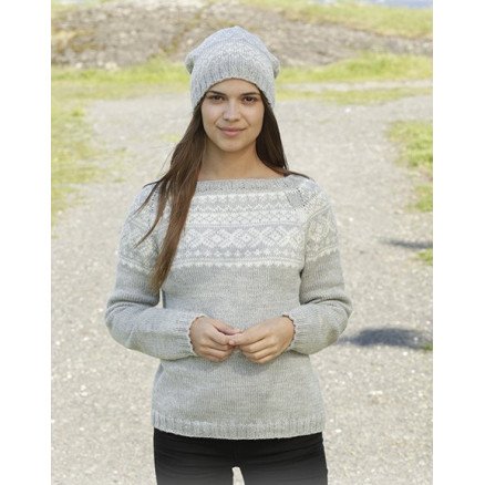 Silver Dream by DROPS Design Genser og Lue med nordisk mønster Strikkeoppskrift str S XXXL