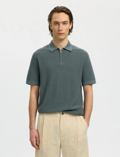 Selected Slmcran Ss Knit Structure Zip Polo Noos   Green   XL